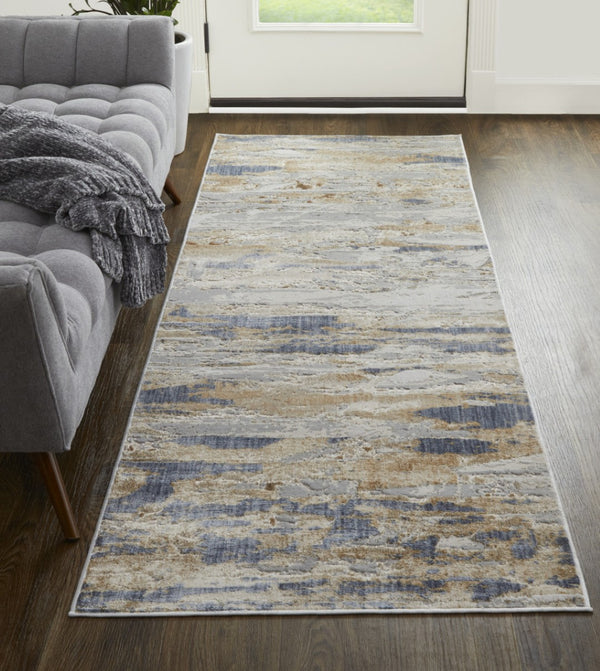 HomeRoots 4' Enhance Your Space with a Tan Ivory and Blue Abstract Distressed Area Rug for Modern Decor 8' Runner 514136