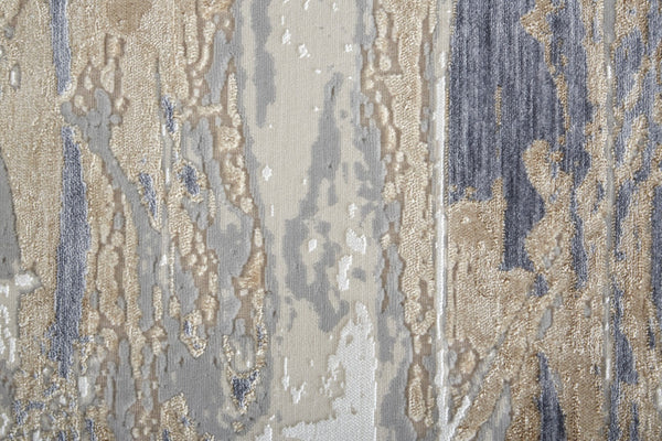 HomeRoots 4' Enhance Your Space with a Tan Ivory and Blue Abstract Distressed Area Rug for Modern Decor 8' Runner 514136