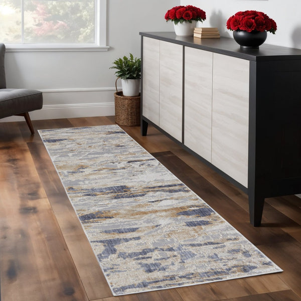 HomeRoots 4' Enhance Your Space with a Tan Ivory and Blue Abstract Distressed Area Rug for Modern Decor 8' Runner 514136
