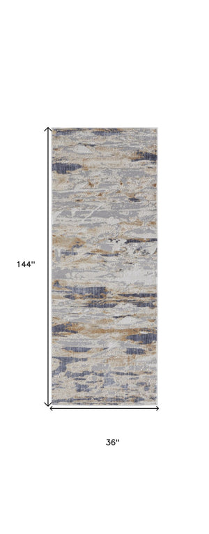 HomeRoots 4' Enhance Your Space with a Tan Ivory and Blue Abstract Distressed Area Rug for Modern Decor 12' Runner 514137