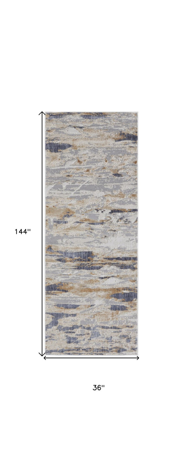 HomeRoots 4' Enhance Your Space with a Tan Ivory and Blue Abstract Distressed Area Rug for Modern Decor 12' Runner 514137