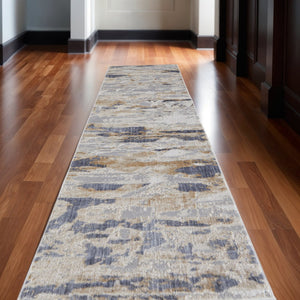 HomeRoots 4' Enhance Your Space with a Tan Ivory and Blue Abstract Distressed Area Rug for Modern Decor 12' Runner 514137