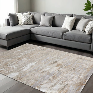 HomeRoots 4' Enhance Your Space with a Tan Ivory and Blue Abstract Distressed Area Rug for Modern Decor 8' X 10' 514142