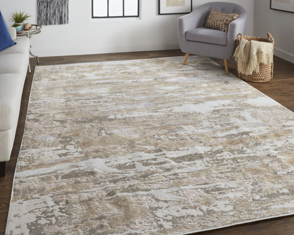 HomeRoots 4' Enhance Your Space with a Tan Ivory and Blue Abstract Distressed Area Rug for Modern Decor 8' X 10' 514142