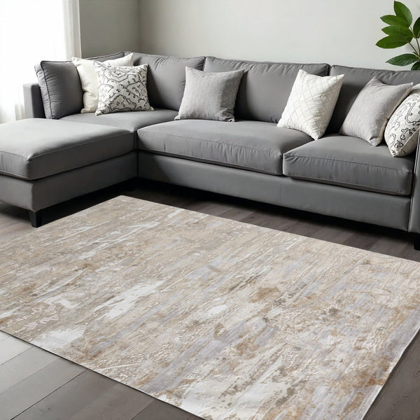 HomeRoots 4' Enhance Your Space with a Tan Ivory and Blue Abstract Distressed Area Rug for Modern Decor 10' X 13' 514143