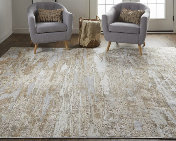 HomeRoots 4' Enhance Your Space with a Tan Ivory and Blue Abstract Distressed Area Rug for Modern Decor 10' X 13' 514143