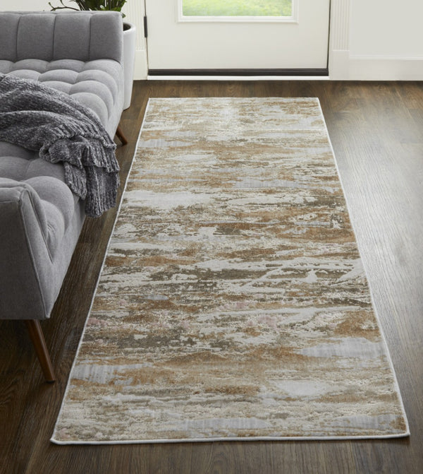 HomeRoots 4' Enhance Your Space with a Tan Ivory and Blue Abstract Distressed Area Rug for Modern Decor 10' Runner 514144