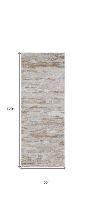 HomeRoots 4' Enhance Your Space with a Tan Ivory and Blue Abstract Distressed Area Rug for Modern Decor 10' Runner 514144