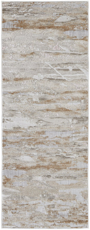 HomeRoots 4' Enhance Your Space with a Tan Ivory and Blue Abstract Distressed Area Rug for Modern Decor 10' Runner 514144