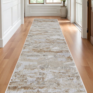 HomeRoots 4' Enhance Your Space with a Tan Ivory and Blue Abstract Distressed Area Rug for Modern Decor 10' Runner 514144