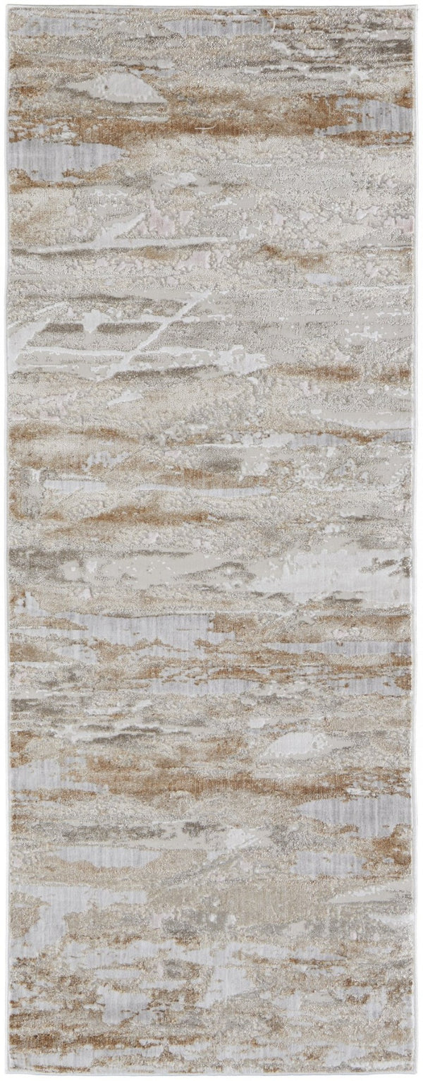 HomeRoots 4' Enhance Your Space with a Tan Ivory and Blue Abstract Distressed Area Rug for Modern Decor 8' Runner 514145