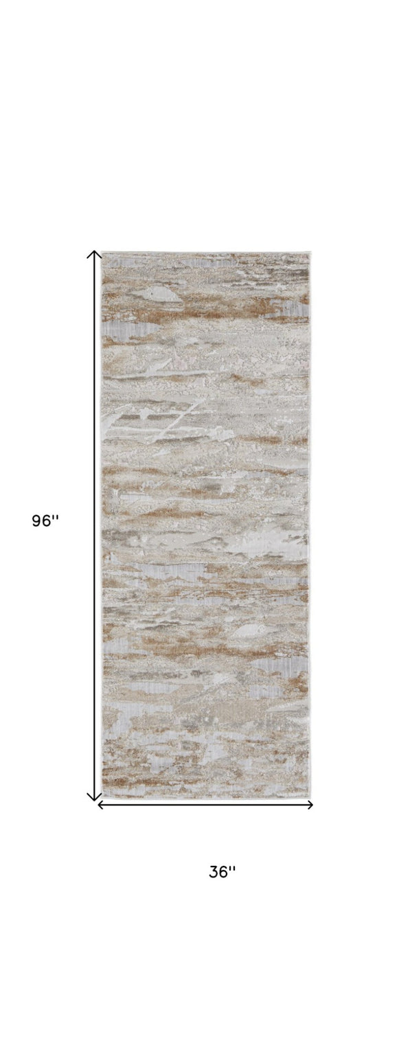 HomeRoots 4' Enhance Your Space with a Tan Ivory and Blue Abstract Distressed Area Rug for Modern Decor 8' Runner 514145