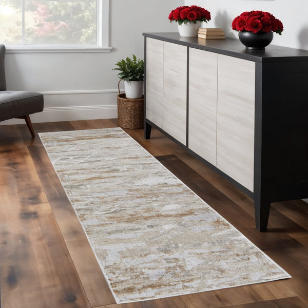 HomeRoots 4' Enhance Your Space with a Tan Ivory and Blue Abstract Distressed Area Rug for Modern Decor 8' Runner 514145