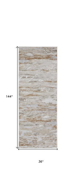 HomeRoots 4' Enhance Your Space with a Tan Ivory and Blue Abstract Distressed Area Rug for Modern Decor 12' Runner 514146