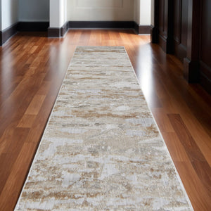 HomeRoots 4' Enhance Your Space with a Tan Ivory and Blue Abstract Distressed Area Rug for Modern Decor 12' Runner 514146