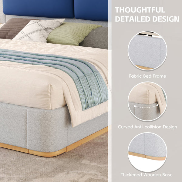English Elm Christopher Knight Home® - Queen Plush Leather Upholstered Bed Frame with Wingback Headboard, Wavy Footboard, Quiet Support Blue+Grey 50.63 L x 18.88 W x 8.25 H N761S0000023E