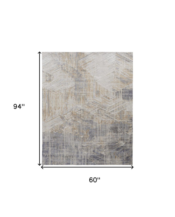 HomeRoots 4' Transform Your Space with a Modern Abstract Ivory Gray Tan Distressed Area Rug for Comfort & Style 5' X 8' 514150