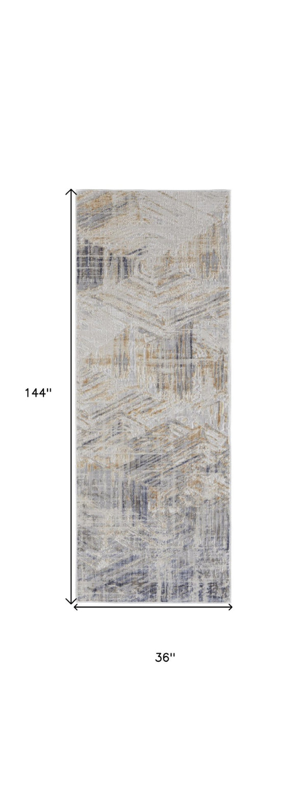 HomeRoots 4' Transform Your Space with a Modern Abstract Ivory Gray Tan Distressed Area Rug for Comfort & Style 12' Runner 514155