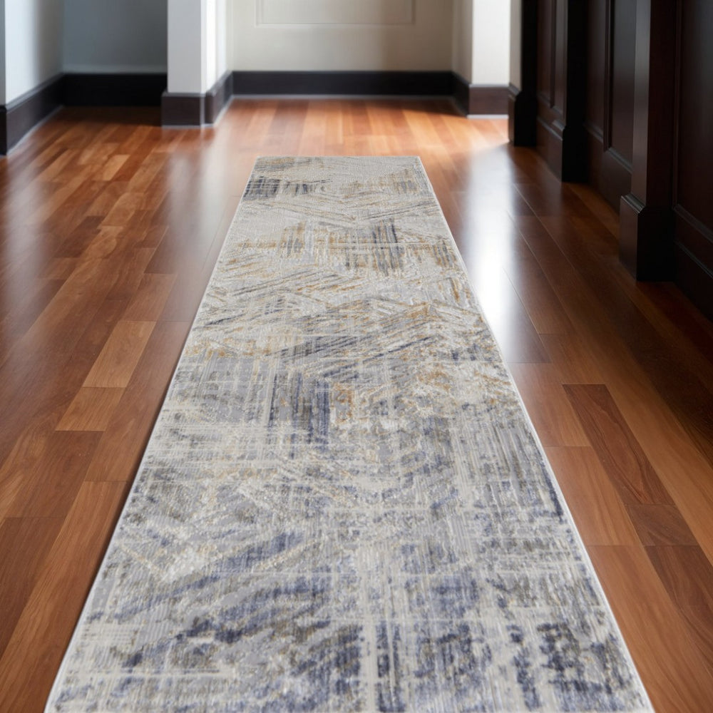 HomeRoots 4' Transform Your Space with a Modern Abstract Ivory Gray Tan Distressed Area Rug for Comfort & Style 12' Runner 514155