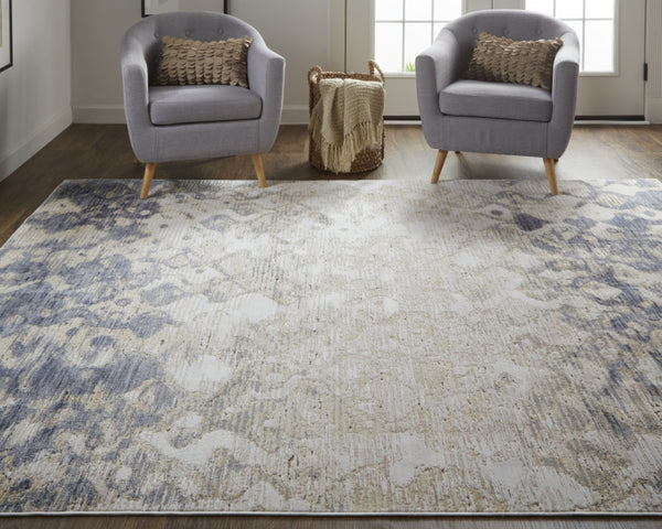 HomeRoots 4' Ivory Tan and Blue Abstract Distressed Area Rug - Timeless Style for Living Rooms and Bedrooms 4' X 6' 514158