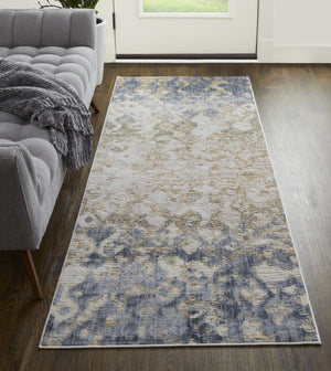 HomeRoots 4' Ivory Tan and Blue Abstract Distressed Area Rug - Timeless Style for Living Rooms and Bedrooms 8' Runner 514163