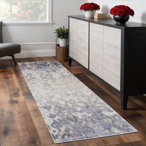 HomeRoots 4' Ivory Tan and Blue Abstract Distressed Area Rug - Timeless Style for Living Rooms and Bedrooms 8' Runner 514163