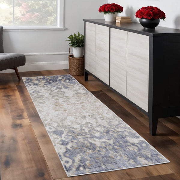 HomeRoots 4' Ivory Tan and Blue Abstract Distressed Area Rug - Timeless Style for Living Rooms and Bedrooms 8' Runner 514163