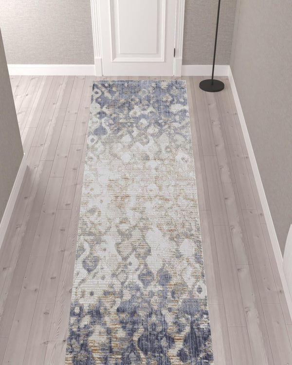 HomeRoots 4' Ivory Tan and Blue Abstract Distressed Area Rug - Timeless Style for Living Rooms and Bedrooms 12' Runner 514164
