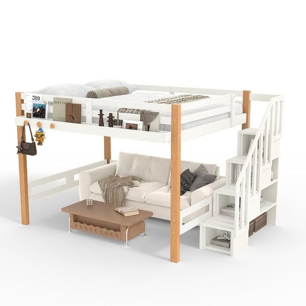English Elm Twin Pine Wood Loft Bed with Built-in Shelving and Hook for Kids Bedroom W5305S00011