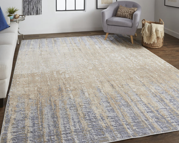 HomeRoots 4' Tan and Blue Abstract Distressed Area Rug – Modern, Durable Design for Stylish Home Décor 10' X 13' 514188