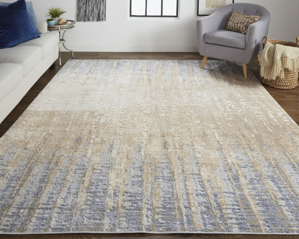 HomeRoots 4' Tan and Blue Abstract Distressed Area Rug – Modern, Durable Design for Stylish Home Décor 10' X 13' 514188
