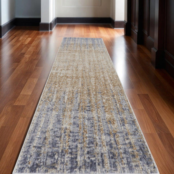 HomeRoots 4' Tan and Blue Abstract Distressed Area Rug – Modern, Durable Design for Stylish Home Décor 10' Runner 514189