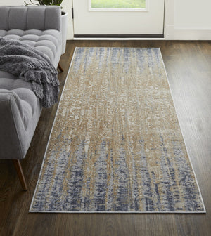 HomeRoots 4' Tan and Blue Abstract Distressed Area Rug – Modern, Durable Design for Stylish Home Décor 8' Runner 514190