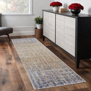 HomeRoots 4' Tan and Blue Abstract Distressed Area Rug – Modern, Durable Design for Stylish Home Décor 8' Runner 514190