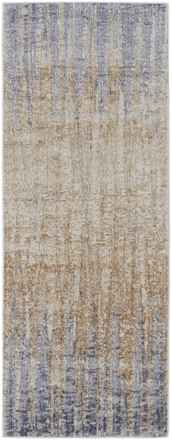 HomeRoots 4' Tan and Blue Abstract Distressed Area Rug – Modern, Durable Design for Stylish Home Décor 12' Runner 514191