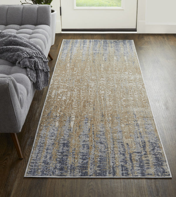 HomeRoots 4' Tan and Blue Abstract Distressed Area Rug – Modern, Durable Design for Stylish Home Décor 12' Runner 514191