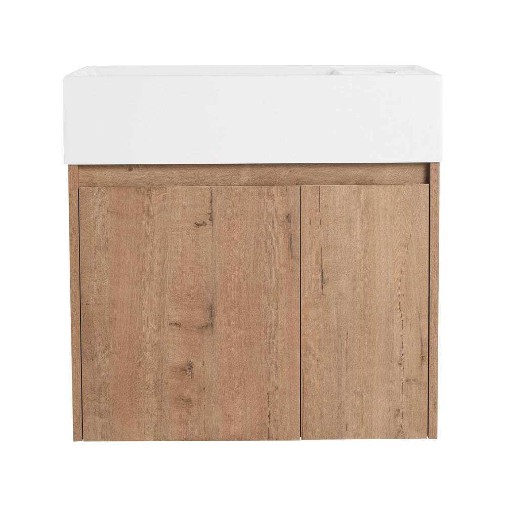 English Elm 24 Inch Bathroom Cabinet Resin Sink Vanity with Soft-Close Doors, Beveled Handle, Water-Resistant Finish Imitative Oak W999P228748