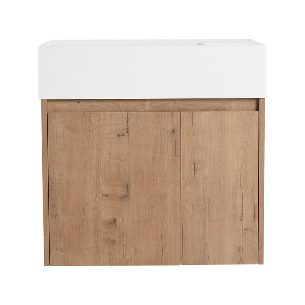 English Elm 24 Inch Bathroom Cabinet Resin Sink Vanity with Soft-Close Doors, Beveled Handle, Water-Resistant Finish Imitative Oak W999P228748