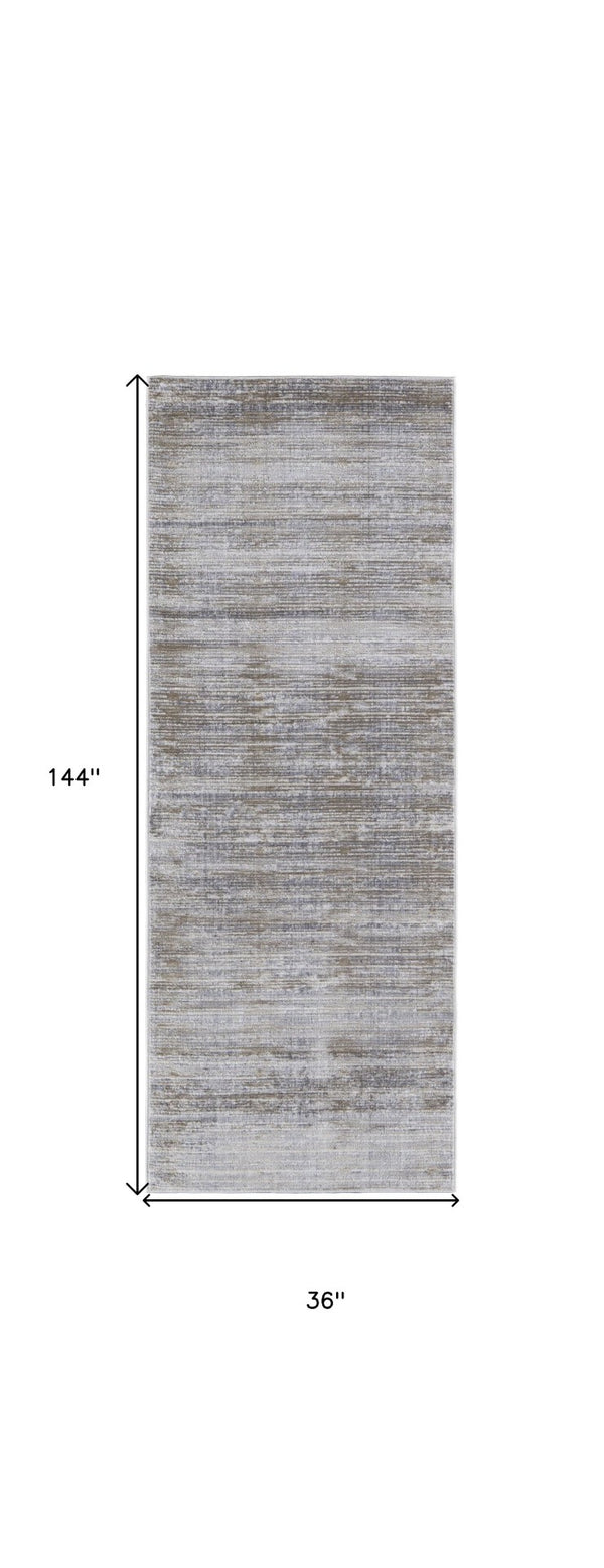 HomeRoots 4' Modern Abstract Area Rug in Taupe, Silver, and Tan - Durable Power Loomed Design for Any Space 12' Runner 514200