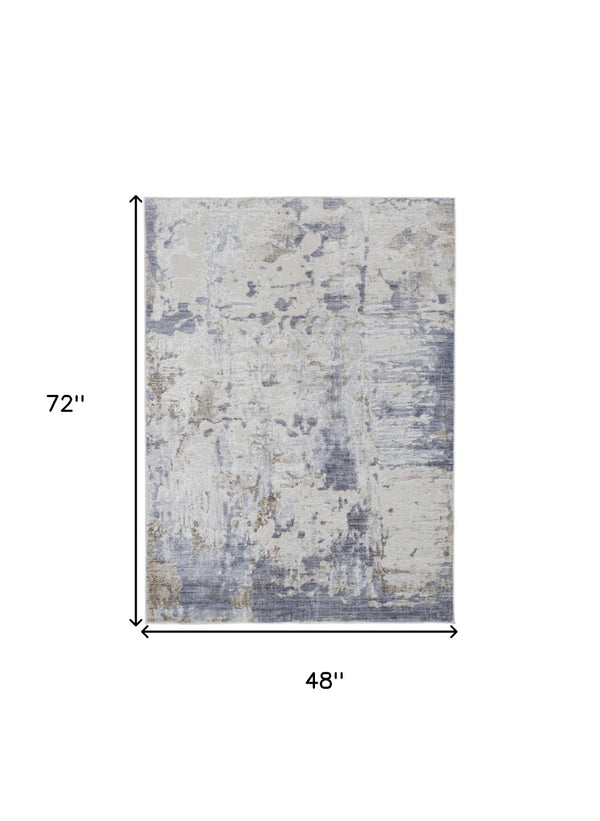 HomeRoots 4' Abstract Distressed Area Rug in Ivory, Gray, and Blue - Modern Design for Stylish Living Spaces 4' X 6' 514203