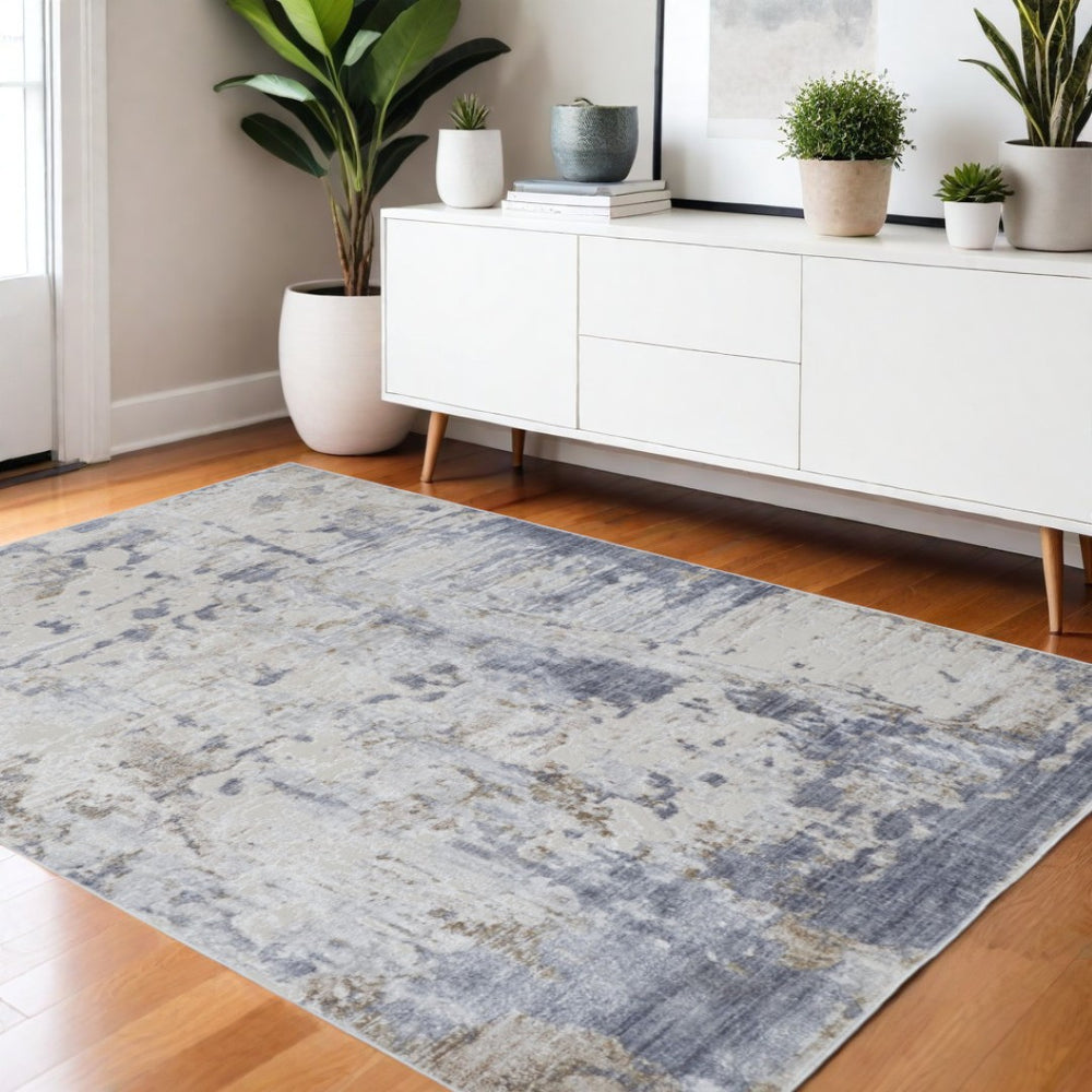 HomeRoots 4' Abstract Distressed Area Rug in Ivory, Gray, and Blue - Modern Design for Stylish Living Spaces 4' X 6' 514203