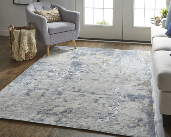 HomeRoots 4' Abstract Distressed Area Rug in Ivory, Gray, and Blue - Modern Design for Stylish Living Spaces 4' X 6' 514203