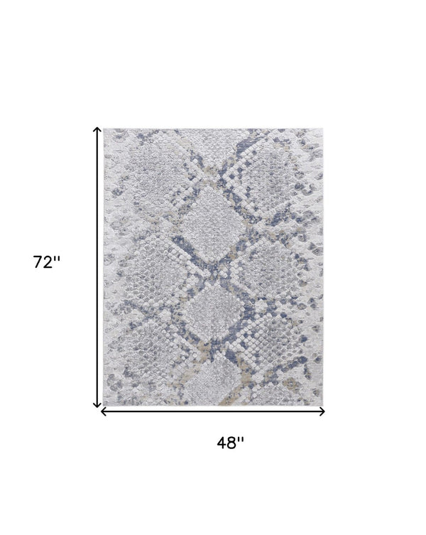 HomeRoots 4' Gray Silver and Blue Geometric Distressed Area Rug - Modern Elegance for Any Room Décor 4' X 6' 514204
