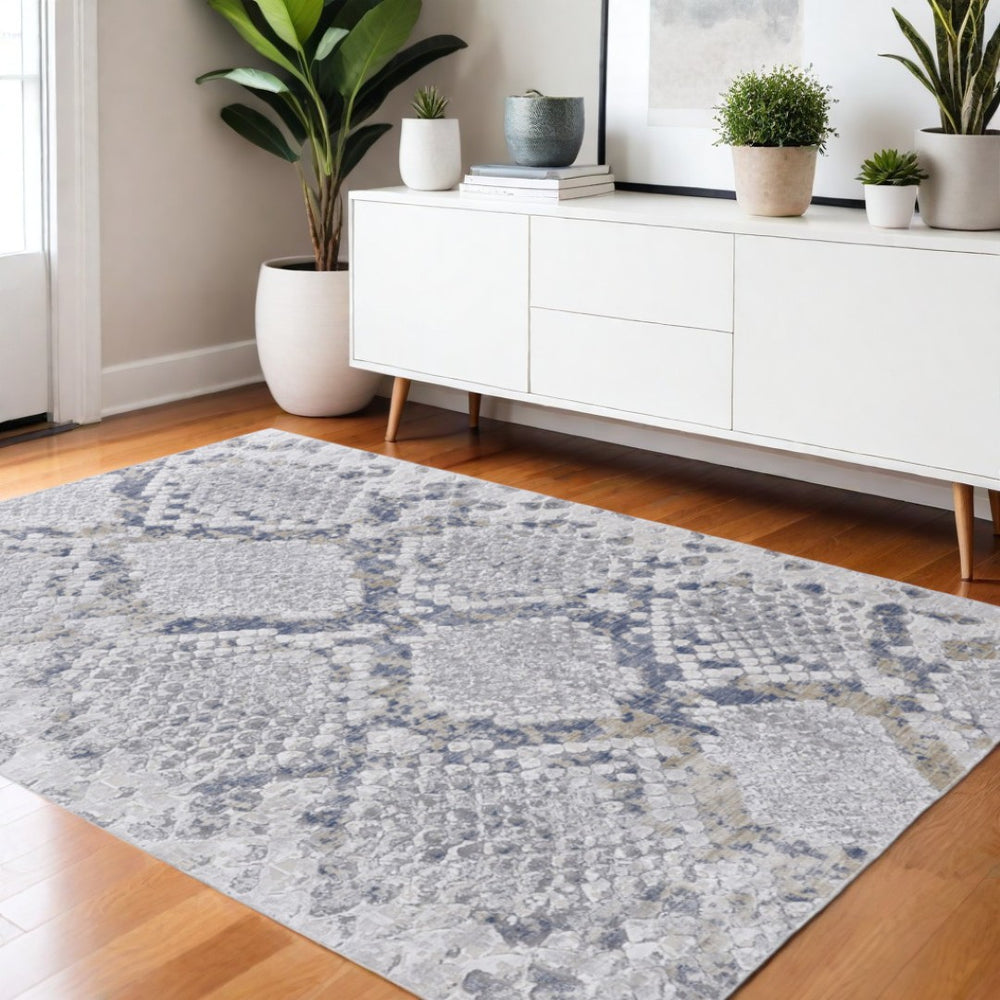 HomeRoots 4' Gray Silver and Blue Geometric Distressed Area Rug - Modern Elegance for Any Room Décor 4' X 6' 514204