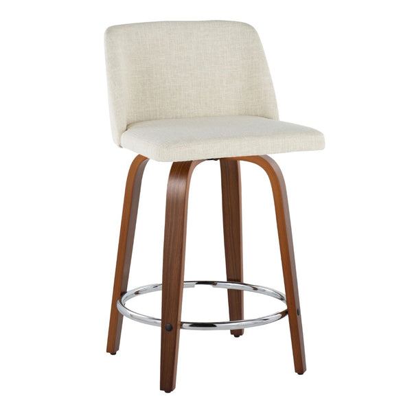 English Elm Toriano 24" Mid-Century Modern Counter Stool Set Of 2 - Swivel Walnut Wood & Cream Fabric Comfort B202S00103-GIGA
