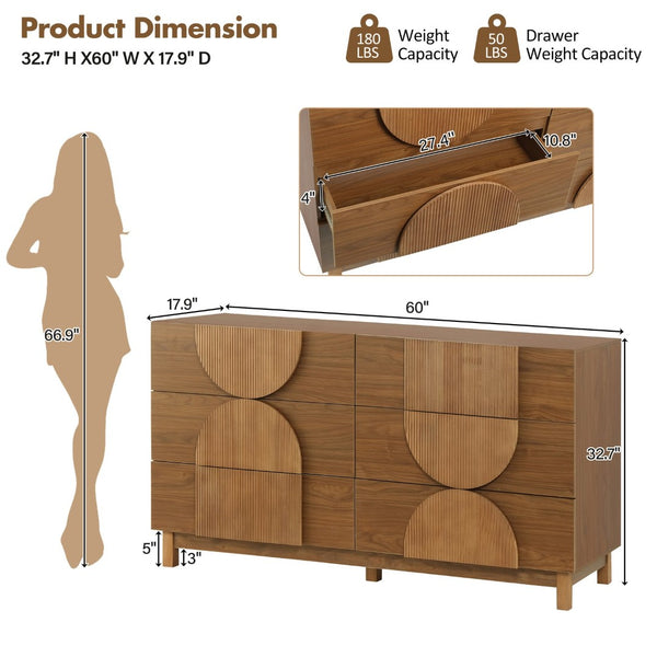 English Elm Modern Fluted 6 Drawer Dresser with Solid Wood Legs Japandi Chest for Bedroom Brown N739S0000013N