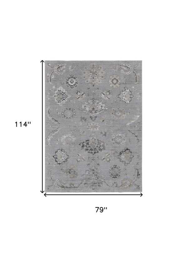 Homeroots 7' X 10' Black And Silver Floral Power Loom Distressed Non Skid Area Rug  Polyester 514283