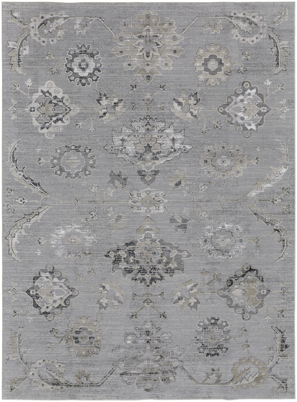 HomeRoots 10' Silver and Black Floral Power Loom Distressed Area Rug for Timeless Elegance and Style 10' X 13' 514286