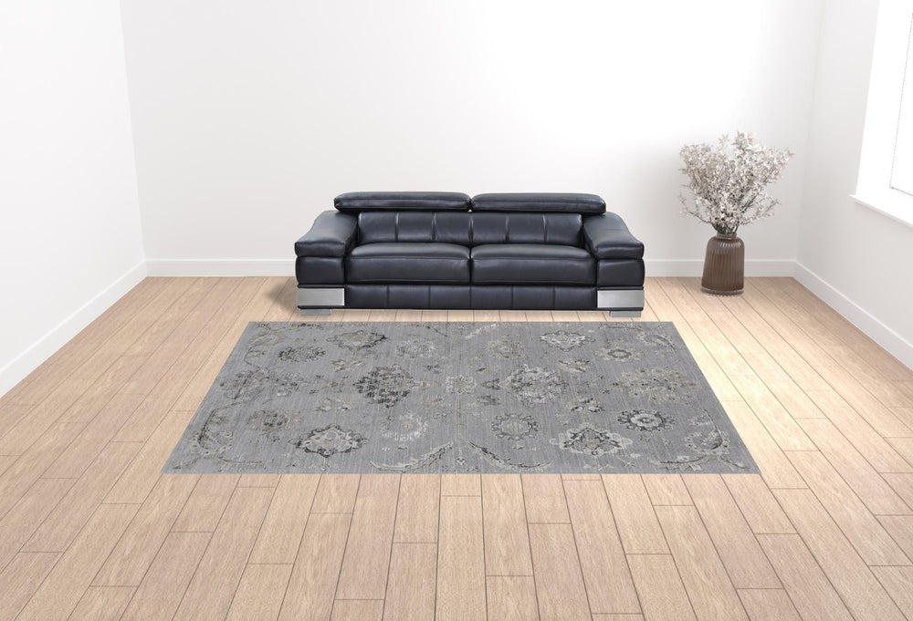HomeRoots 10' Silver and Black Floral Power Loom Distressed Area Rug for Timeless Elegance and Style 10' X 13' 514286