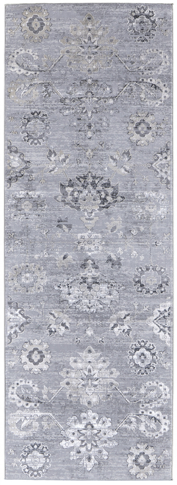 Homeroots 8' Black And Silver Floral Power Loom Distressed Non Skid Runner Rug  Polyester 514287